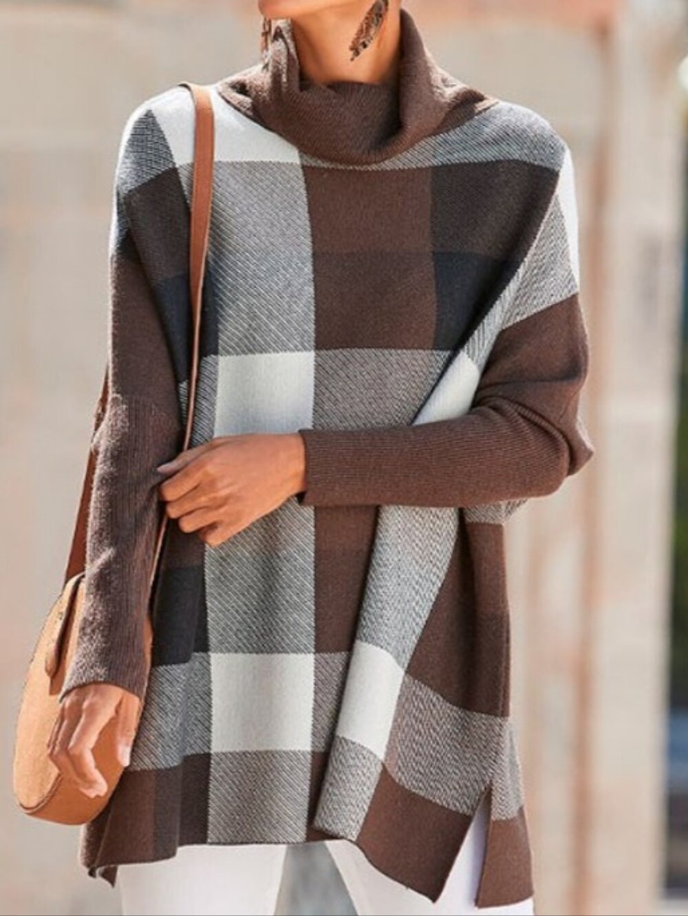 Lascana Women's Oversized Turtleneck Plaid Sweater Brown Cream Cozy S 4/6